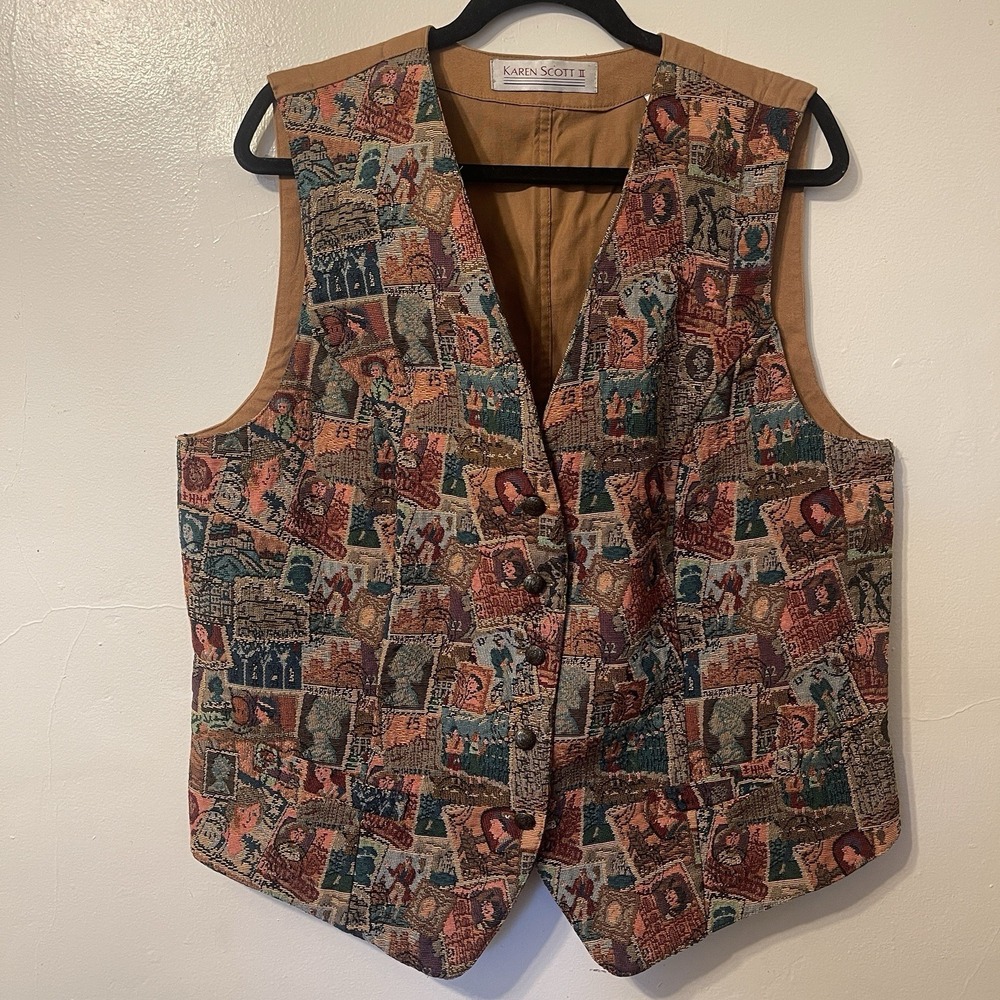 Vintage Karen Scott "Woman On Stamps" Woven Tapestry Women's Vest - Size 1X